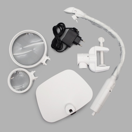 7763 Лупа с подсветкой, с присп. для крепл к столу, с линзами, 75мм и 120мм белый цв. Hobby&Pro